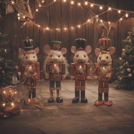 rating_pg.
cartoonish, hollyday nutcrackers, wooden,     christmas background, lights, smile, mouses. Vibrant atmosphere, festive spirit