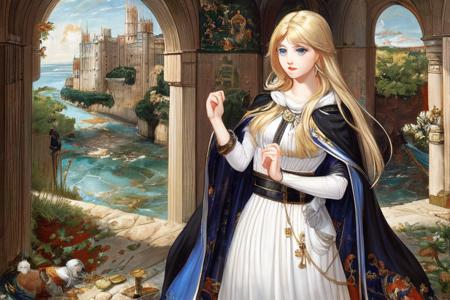 at historical castle; solo, waifu with blonde hair, blue eyes, white dress and black cape; exceptional, best aesthetic, new, newest, anime, masterpiece, best quality, ultra detailed; correct anatomy, golden ratio, perspective; painting by John William Waterhouse