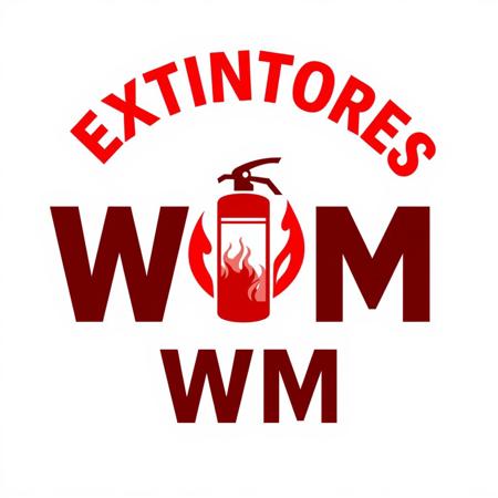 A professional logo for a fire safety company named 'Extintores WM'. The design should feature bold, strong lettering in red and black to symbolize fire protection and security. The background should be white for a clean and modern look. Include an icon of a fire extinguisher and subtle flames to emphasize fire prevention. The overall style should be sleek, trustworthy, and visually striking