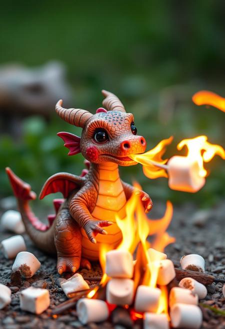cute small dragon using fire breath to roast marshmallows