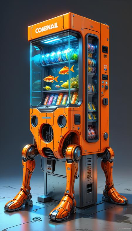 (cel-shading:2)+, (in ARTIST style:1.6), (masterpiece:1.7), hyperrealism, glossy, shinny,
clear image, accurate picture, clear picture, precise image, focused image, Science fiction style, Science fiction,
(cozy comfy glowing vending machine) on orange mechanical legs, walking, science fiction, aquarium on mechanical legs focus, neon glowing cyberpunk city street background, mecha,
comic style, (ultra sharp focus:2), (thin lines:2),
(best quality:1.8),
<lora:Apparatus_-_Traction_City_Walkers_Vehicles:0.8>,