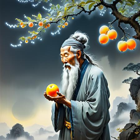 A majestic tree with luminous fruit. Glowing fruit. An old prophet, grey beard, eating the fruit. sinoink