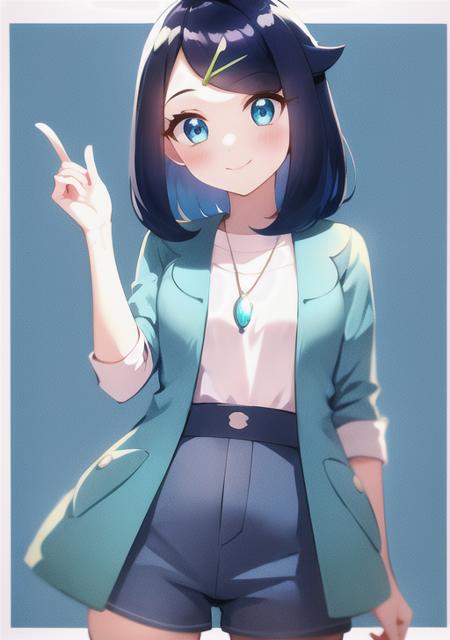 <lora:liko:0.6>, liko, 1girl, solo, looking at viewer, blush, smile, bangs, blue eyes, shirt, hair ornament, jewelry, closed mouth, blue hair, jacket, white shirt, open clothes, shorts, hairclip, hand up, medium hair, necklace, open jacket, eyelashes, blue background, border, blue jacket, white border, blue shorts