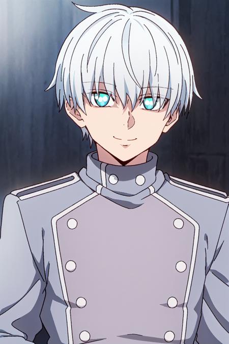 ragna, 1boy, solo, blue eyes, white hair, short hair, blue eyes, bangs, upper body, eyes visible through hair, grey jacket, buttons, upper body, looking at viewer, smile
high quality, best quality, ultra detailed, masterpiece, big breast, detailed hands, <lora:EMS-52523-EMS:0.700000>