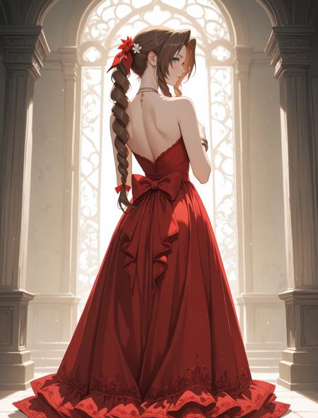 1girl, aerith gainsborough, brown hair, braided ponytail, long hair, green eyes, hair ribbon, hair flower, drill hair, red dress, strapless dress, long dress, frills, back bow, bare shoulders, from behind, looking at viewer, exquisite, masterpiece,best quality,amazing quality,very aesthetic,absurdres,newest,detailed eyes,