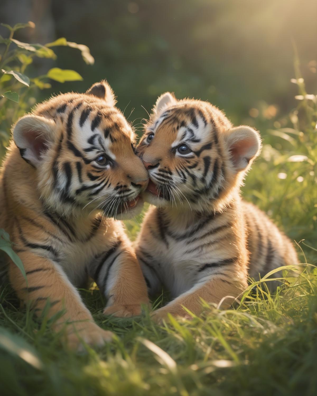 Two young tigers playing and nuzzling each other in a grassy field.
