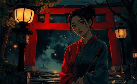 A close-up nighttime scene blending photorealism with the elegance of Japanese brush painting. A Shinto shrine maiden (miko) is cleaning near a traditional red torii gate, her face brightly illuminated to highlight her calm and focused expression. She wears a classic red and white outfit, with intricate details captured in the fabric. Traditional stone lanterns nearby cast a warm glow, their light reflecting softly on her face and the stone path. The background is subtly blurred, showing hints of the majestic torii gate, swaying trees, and faint mist, creating an intimate yet mystical atmosphere. The composition emphasizes the maiden's serene presence and the artistic harmony of the scene.