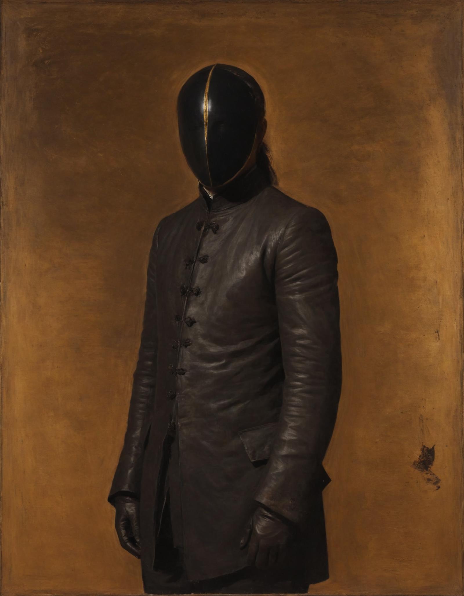A person in a leather jacket and mask standing in a yellow room.