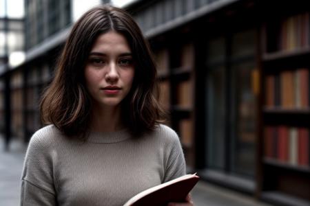 A pretty and beautiful North European young woman, happy, supermodel look, light brown hair, long wavy shiny hair, pale skin, slim eyebrows, perfect face, small nose, big blue eyes, slim red lips, big tits, nice breasts, cleavage, travelling outfit with small dress, she is reading a book in a quiet librarya lot of bookshelves around and backround (in bokeh effect). Bright lights, epiCPhoto, UnrealisticDream, <lora:pytorch_lora_weights:0.6>, <lora:picxer_real:0.4>, <lora:FilmVelvia3:0.3>, <lora:more_details:0.9>