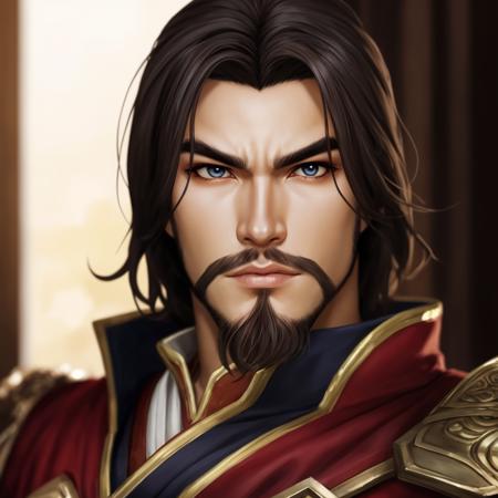 anime, ((medium up of lumeng)), dw7outfit, a man, (((thinking pose))), dark brown hair, hazel eyes, goatee beard, hakama pants, by seunghee lee, Jang Tae-Hwan, Chocofing R, seungho lee, smooth soft skin, big dreamy eyes, beautiful intricate colored hair, symmetrical, anime wide eyes, soft lighting, concept art, digital painting, detailed face, <lora:lumeng:0.4>