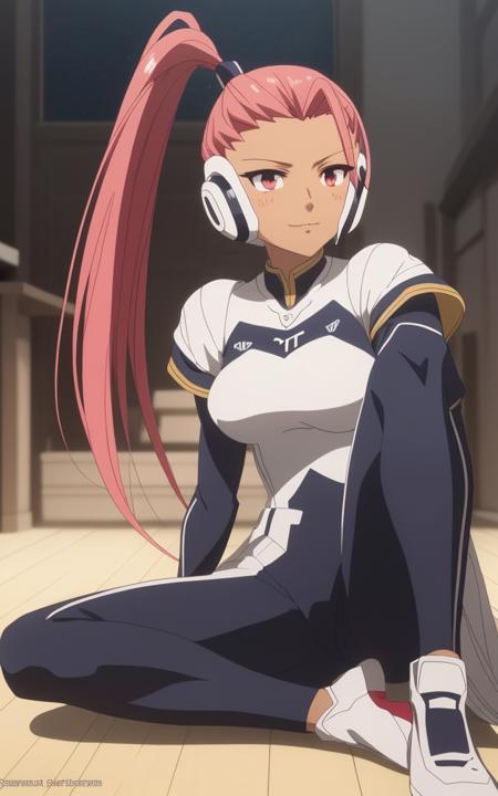 valrie, full body view, (((sitting))), smiling, a woman with (((a dark tanned skin))) and (((a pink high ponytail hair))), (((a lock of hair that hangs over the left side of her face))), hazel eyes, in a white armored dark blue bodysuit, (((seam line on her face that goes through her right eye))), 8k, Unreal Engine 5, octane render, by kyun, gamang, Yoon Gon-Ji, g.ho, gosonjak, shuroop, serious, domi, noah, trending on pixiv, fanbox, skeb, masterpiece, smooth soft skin, big dreamy eyes, beautiful intricate colored hair, symmetrical, anime wide eyes, soft lighting, concept art, digital painting, <lora:valrie:0.4>