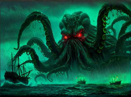 masterpiece,high resolution, <lora:Cthulhu-XL-9:0.8>,
cthulhu, watercraft, ship, tentacles, glowing, no humans, ocean, glowing eyes, rain,red theme,