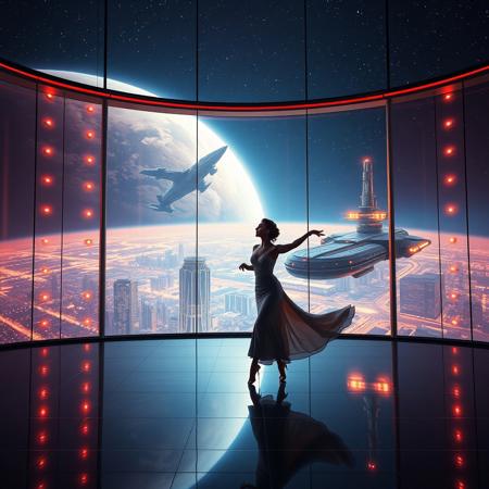 a beautiful elegant female dancer is dancing on a futuristic stage micro-LED lighted, behind the dancer on the stage is an enormous seamless and futuristic wall to wall and floor to ceiling window that looks out at a planet from low orbit, the planet is covered with the lights of enormous buildings and cities, An enormous deco starship with futuristic lighting and an enormous space station are visible in the background among the stars, Artistic art deco, dynamic perspective, (((overall architectural aesthetic is Art Deco Cyberpunk))).  Epic image that elicits a feeling of wonder and awe,