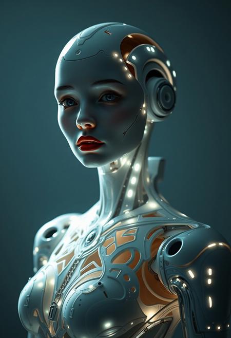 (Soft Lighting Photography by Mimoza Veliu and Mario Giacomelli:1.2), NSFW, A flawlessly crafted, pure white cyborg stands in serene stillness, its intricate design glowing softly. A delicate, wistful expression graces its face, evoking a blend of elegance and fragility. sexy, in victorian fashion style