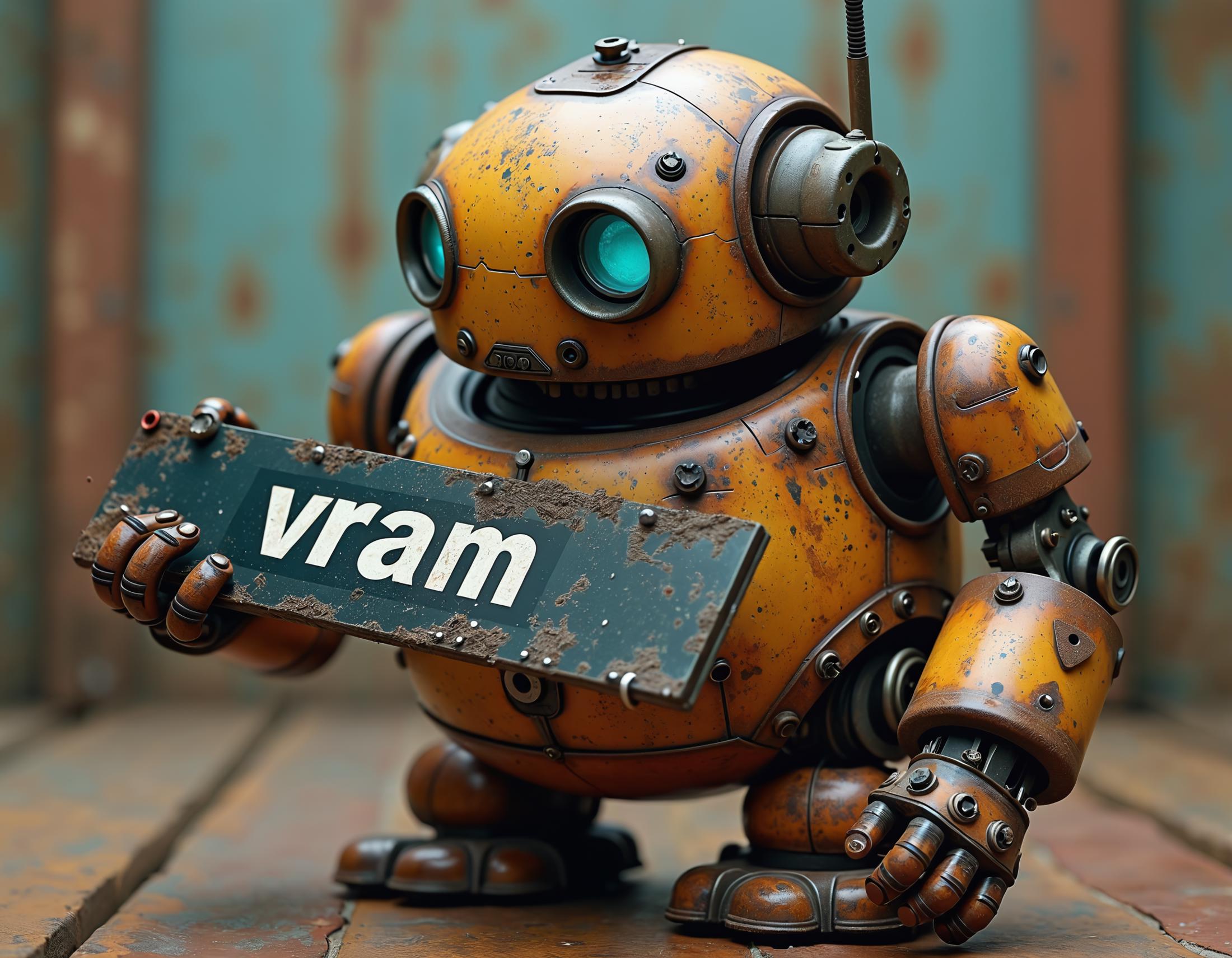 a obese rusty robot eating a long microchip that has "vram" printed on it, disney pixar style