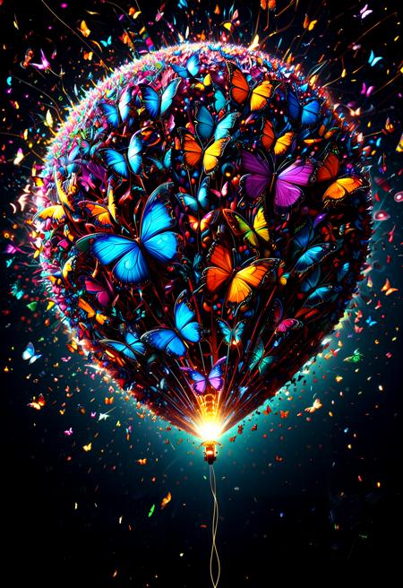 butterflyStyle, face view, (flying balloon:1.2), high speed, motion lines, shock wave, strange attractor, flying particles, hyperrealistic, psychedelic colors, butterflies, astonishing light burst, fractal, chaotic shapes, high bloom rendering,
high quality, dramatic lighting, masterpiece, best quality, amazing quality, very aesthetic, ultra-detailed, detailed face, 8k, abusrdres, dynamic angle
