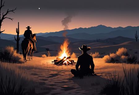 Craft an image in a minimalist black ink style, suitable for a logo, that portrays a Wild West landscape at dusk. The scene should focus on a small, flickering campfire set against a backdrop of rolling hills and sparse vegetation. Include a hint of a cowboy silhouette sitting by the fire. The art should use clean lines and minimal details, emphasizing the stark beauty of the Wild West with a tranquil, almost Zen-like quality.