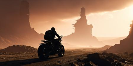 post apocalyptic, (outlaw riding classic motorbike towards horizon), city street,   dust, , (ruins of scifi city towers), (cold lava field), wrecks of  futuristic cars, subsurface scattering, (cracks), (ruins of scifi city), smoke, epic, (cinematic), scifi,  ,  <lora:sss:0.8> <lora:EnvyUrbanDecayXL01:1.5>, godrays