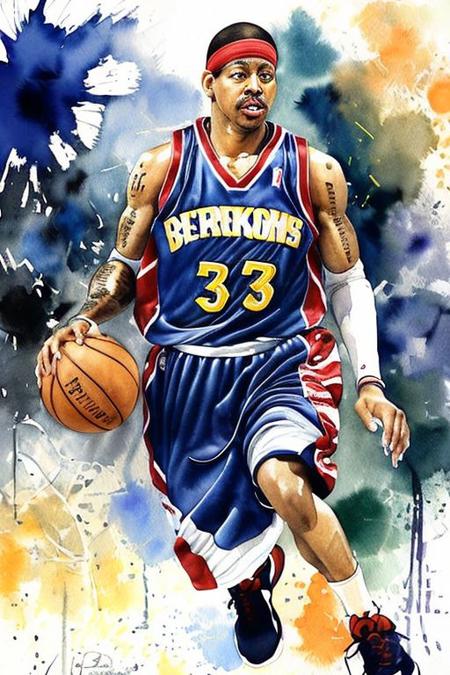 <lora:wcolors:0.5> watercolor, detailed basketball picture photo allen iverson criss cross dribble action style 1997