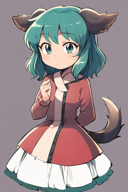 masterpiece, best quality,   <lora:KasodaniKyouko:1>, <lora:style05:1>,1girl,animal ears, green eyes, green hair, short hair,dress,long sleeves, tail, (chibi:1.3),simple background,