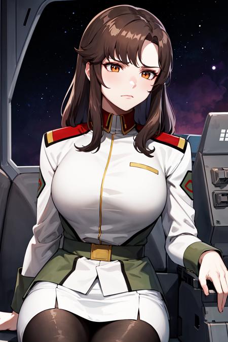 masterpiece, best quality, highres, ramius1, 1girl, solo, (black_pantyhose:1.1), military uniform, military, makeup, white shirt,  white skirt, tight skirt, <lora:murrue_ramius_v1:0.7>, sitting, upper body, cockpit, frown,