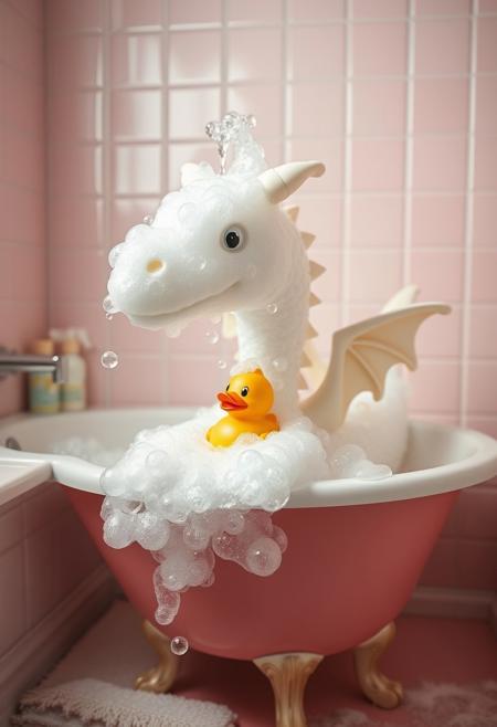 in a pastel bathroom with a rubber ducky, an adorable dragon made entirely of shampoo bubbles.