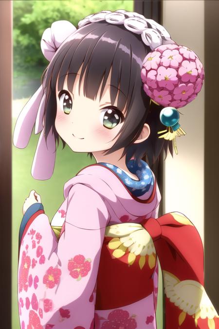 yune, 1girl, solo, pink kimono, hair ornament\(origin\), smile, looking back, blush, masterpiece, best quality,1girl,solo