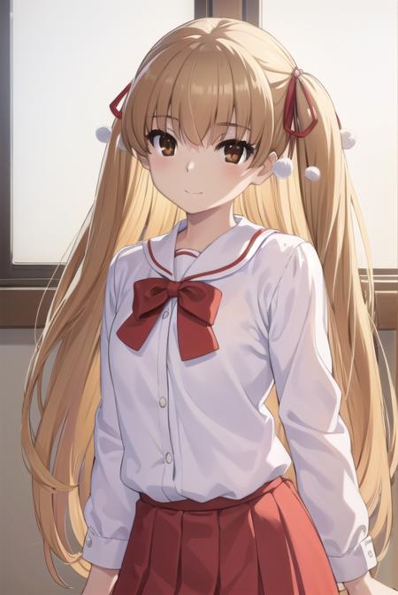 miutakanashi, <lora:miu takanashi s1-lora-nochekaiser:1>,
miu takanashi, long hair, blonde hair, ribbon, twintails, (brown eyes:1.5), hair ribbon, two side up, smile,
BREAK skirt, long sleeves, school uniform, serafuku, white sailor collar, (red skirt:1.2), (white shirt:1.2),
BREAK indoors, classroom,
BREAK looking at viewer, (cowboy shot:1.5),
BREAK <lyco:GoodHands-beta2:1>, (masterpiece:1.2), best quality, high resolution, unity 8k wallpaper, (illustration:0.8), (beautiful detailed eyes:1.6), extremely detailed face, perfect lighting, extremely detailed CG, (perfect hands, perfect anatomy),