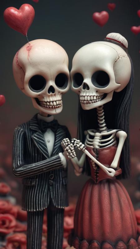 an artists interpretive depiction of a bloody valentine with the text ("TILL DEATH DO US PART":1.5), (a cute macabre adult valentine's day card:1.1), (Kris Kuksi:1.3), (Mark Ryden:1.1), (Gris Grimly:1.1), (Tim Burton:1.4), (Gorjuss:1.1), selective focus, miniature effect, highly detailed, vibrant, perspective control, (two cute happy skeletons blissfully in love:1.1), a man skeleton and a woman skeleton with long hair, a loving skeleton couple in formal wear, valentine, romantic, adorable, pastel colors, soft focus and diffused lighting, intricate background detail, digital painting, ultra-detailed, cinematic, macro, mystical, magical, vibrant photography, shimmering light, dreamy, whimsical, serene, soft-focus, hyper-detailed digital art, complex scenery with fine details, highly detailed, masterpiece, 8k, octane render, 8K artistic photography, extremely detailed oil painting, cute, skulls, skeletons, cartoon, love, hearts, infinite, eternity, demonic, (nightmare, frightening, doom, terror, horror, sorrow:1.2) , sugar skull BREAK (a cute macabre adult valentine's day card with the text "TILL DEATH DO US PART":1.4), ("TILL DEATH DO US PART":1.5) BREAK (Kris Kuksi:1.5), (Mark Ryden:1.4), (Gris Grimly:1.3), (Tim Burton:1.3), (Gorjuss:1.1)