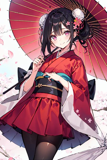 <lora:DSmile:0.8>1girl, solo, smile, umbrella, holding, oil-paper umbrella, japanese clothes, hair ornament, white pantyhose, black hair, pantyhose, looking at viewer, kimono, flower, holding umbrella, cherry blossoms, sash, bangs, obi, outdoors, double bun, hair bun, standing, hair flower, pink skirt, pink eyes, blush, wide sleeves, closed mouth, standing on one leg, medium hair