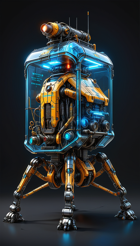 (in ARTIST style:1.4), (masterpiece:1.7), properly positioned, straight, glow blue neon,
View of buggy legged vehicle (science fiction texture, science fiction skin, someplastic, , dark background, dark background, english text, emblem, cable, retro, old style, device, wearable item (transparent:2), transparent skin, transparent texture, mecha, multi legged vehicle,transparent glass paint, mecha),
(masterpiece:1.8), (highest detailed:1.8), perfectly lighted, (contrast), (saturated), (((sharp focus))),
(hyperdetailed:1.3), (intricate details:1.2), (Refined details:1.3), (best quality:1.5), highly detailed textures, vibrant colors,
(ultra sharp focus:1.8), (detailed skin:1.8), (detailed edges:1.8), (thin lines:1.8), (best quality:1.8),
<lora:Apparatus_-_Traction_City_Walkers_Vehicles:0.7>,