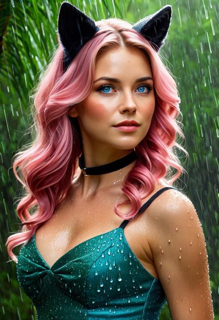 high quality, best quality, unrealistically high details, extremely high quality, ultra high detail, good anatomy, masterpiece, high res, crisp lines, realistic, (((sfw))), available light, 1girl, 40 years old, gorgeous girl, shy, cute, blush, (((beautiful))), (beautiful face), sexy proportions, ((small boobs)), perfect perky tits, pink hair, long wavy hair, long hair, wavy hair, dog ears, animal_ears, ((blue eyes)), dark blue eyes, sapphire eyes, smoky eyes, beautiful makeup, arrogant, aloof, warrior princess, petite, athletic, black choker, green dress, long dress, ball gown, posing, stylish_pose, dynamic_angle, head_tilt, cowboy_shot, PG-rated, forest background, rain falling, rain, raindrops on face. tears on face, ((soaked)), tearStyle2