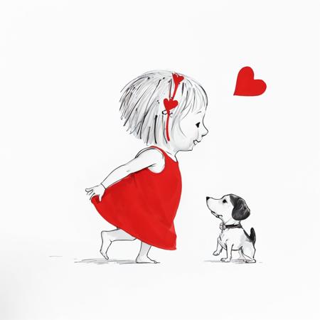 janemassey, massey, 
lineart, white background,illustration, cute, 2d,
1girl, smile, simple background, white background, dress, closed mouth, closed eyes, heart, barefoot, sleeveless, from side, profile, sleeveless dress, animal, traditional media, red dress, outstretched arms, dog, ._.,
 <lora:janemassey-04:1.01>