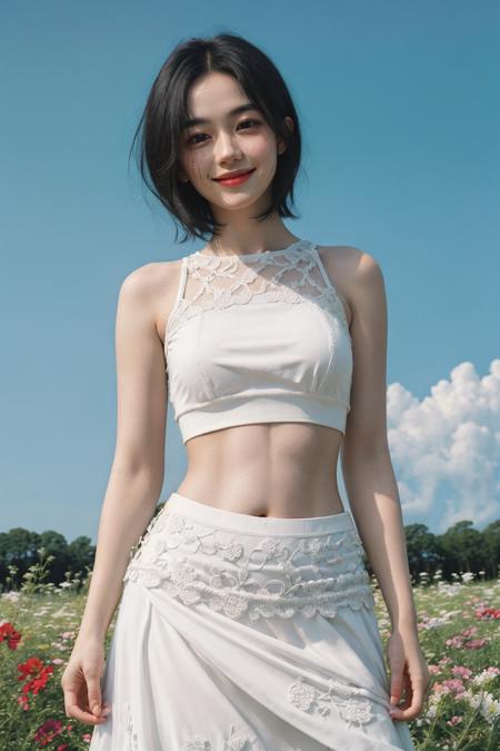 A young woman with black, tousled hair and freckles, smiling radiantly as she gazes at the viewer. She is wearing a short-haired, white dress with a midriff-exposing skirt, revealing her navel. she stands outdoors on a sunny day, surrounded by flowers and a clear blue sky, embodying the essence of beauty and elegance, <lora:Velvia1:0.5>