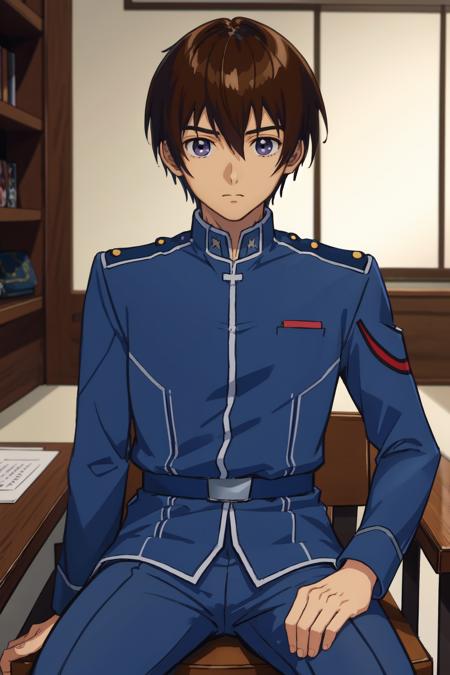 masterpiece, best quality, highres, solo male kira yamato, military uniform <lora:kira_yamato:1> sitting on chair