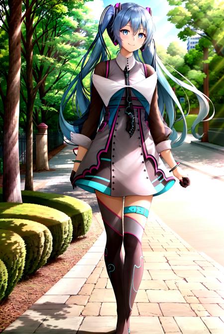 solo, 1girl, magical mirai (2015), hand in hand (vocaloid), full body, standing, smile, looking at viewer, city, outdoors, sidewalk, day, sunlight