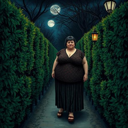 chubby mature woman eerie hedge maze by night  dirt path agoura shibari art style of Ozuma Kaname