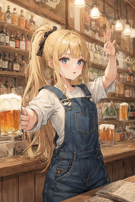 masterpiece, best quality, 1girl, outstretched hand, blunt bangs, long hair, ponytail, blonde hair, overalls, white shirt, bar, mugs of beer, shelves of alcohol, ,