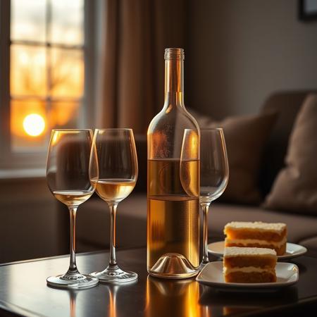 still life photo of a half empty bottle of white wine and three half-filled wine glasses on a living room side table, there is white wine around the bottom of both the glass and bottle.  sunset is visible through the window in the background
shallow focus, one side lighting, dramatic lighting, 
(( a small plate with vanilla cake near the white wine bottle)),