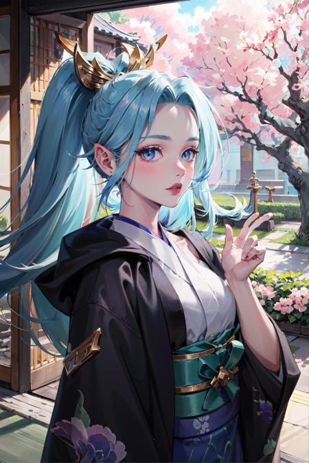 spirit blossom vayne, 1girl, kimono, hair ornament, blue hair, detailed face, looking at viewer, upper body, indoor, window, temple, garden, cherry blossoms, (masterpiece:1.2, best quality)