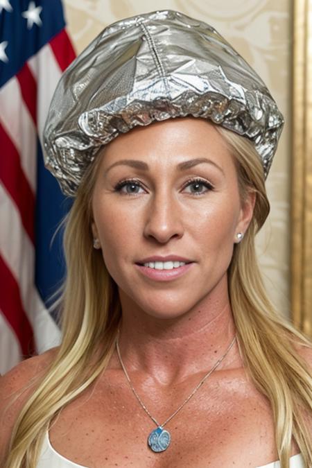 photo of (m4arj0r13t4y10rgr33n:1.0) wearing tin foil, (tin foil hat), crinkled tin foil, sharp focus, skin texture, light bokeh, oval office