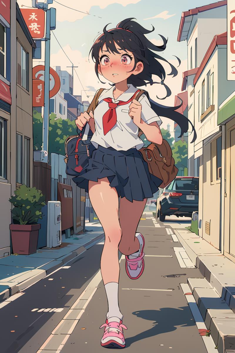 A cartoon woman in a white shirt, red tie, and skirt is walking down the street carrying a handbag and a backpack.