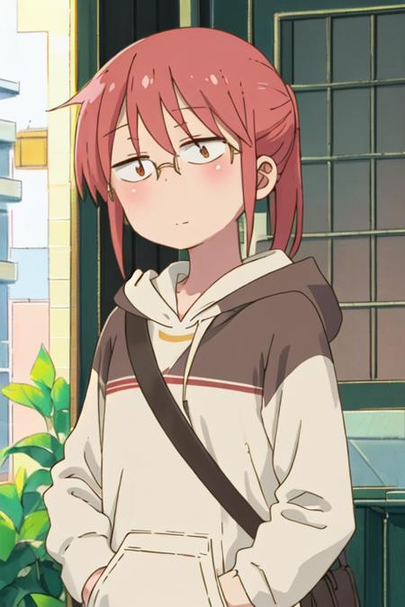 best quality, masterpiece, highres, solo, {kobayashi_kobayashisanchinomaidragon:1.15}, glasses, red_hair, blush, ponytail, bangs, closed_mouth, brown_eyes, 1girl, hood, hoodie, hair_between_eyes, looking_at_viewer, upper_body, hood_down, green_hoodie