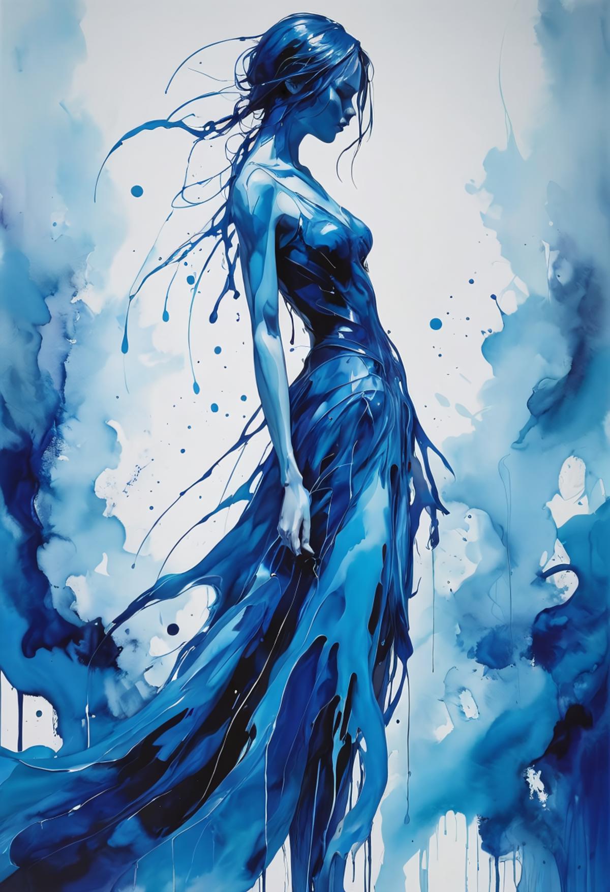 A blue and white painting of a woman wearing a black dress.
