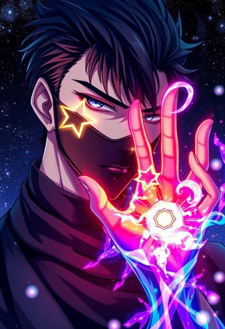 A striking, anime-style male stands tall, his piercing gaze intensified by the black vertical mask that covers only the left side of his face. His left eye glows with an otherworldly, five-pointed starlight, as if the very essence of the cosmos has been distilled into his being. His dominant hand is raised, and as he channels his energy, a colorful show of magic erupts around his hand, exploding into a kaleidoscope of colors that swirl and dance in a mesmerizing display. The stars in his eye seem to pulse with an extraordinary power, as if he is drawing energy from the very fabric of the universe. Every detail of the scene is meticulously rendered, from the intricate, swirling patterns of the magic to the tiny, shimmering sparks that seem to dance around his fingers. The overall effect is one of breathtaking, celestial wonder, as if this anime male has harnessed the very essence of the stars within his being. highest-Quality, intricate details, visually stunning, Masterpiece