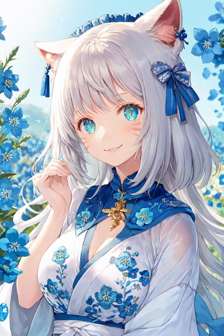 ultra-detailed,(best quality),((masterpiece)),(highres),original,extremely detailed 8K wallpaper,(an extremely delicate and beautiful),((detailed face)),beautiful detail eyes,
\\,
anime,momoko,
anime,{one girl},very long light white hair,beautiful detailed blue eyes,aqua eyes,white robe,cat ears,{flower hairpin},{surrounded by beautiful detailed blue flowers},sunlight,light smile,beautiful detailed blue necklace,{{{see-through}}},flower request,breast_focus,{luxuriant bra},{{breast_conscious}},presenting breast,{hand on breast},{covering_breasts},
<lora:momoko_xl-v2-000015:0.9>,