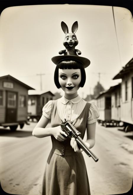 ((tintype, wetplate collodion))  Bizarre puppetfilm world,  1930s, strange vintage stop motion  dolls - (assasins) Louise Brooks, cult members, femme fatales, holding gun to bunny head , happy bunnies, circus, happy dogs, city streets, country side, 1930s, puppet film, stop motion, miniatures, marionettes, silly characters, funny stuff, happy happy. Vintage cars, stores, things, puppies, kittens, silly little ccreatures ((George Pal PuppetToon, Jiri Trnka)). Ground level, ((deep focus, aperture F32)). Very simple characters, little detail, like old puppet films. Realistic photography, stop motion photography.  Friendly muted colors, low contrast. Toonerville Trolley, Molly Moo Cow, Ub Iwerks, 16mm worn film, ViewMaster