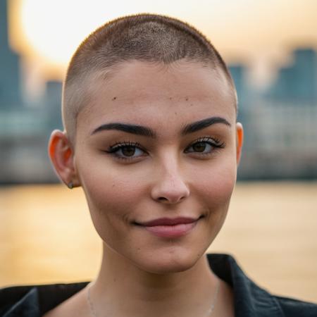 (Skin Texture, pores, natural,iPhone,RAW)), mabeer, natural lighting, Highest Quality closeup Portrait photo of a woman wearing no makeup with a buzzcut, Nikon Z9, realistic matte skin,  blurry city in the background, 8K,    <lora:mabeer_xl_1_standard_merger_19_29_48_98_03_03_02_02:1>, smiling