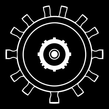 (stylized logo, emblem, vector art), (cartwheel), (solid colors, thick-linework), white outline, black background, 
cartwheel symbol white in the center, heraldic, black background, HDR, UHD,