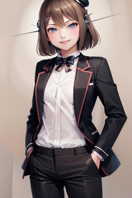 (masterpiece, best quality:1.2), <lyco:kancolle_maya_kaini-09:1.0>, cowboy shot, solo, 1girl, maya kai ni, smile, looking at viewer, hands in pockets, x hair ornament, mini hat, beret, headgear, formal, tuxedo, bowtie, black pants